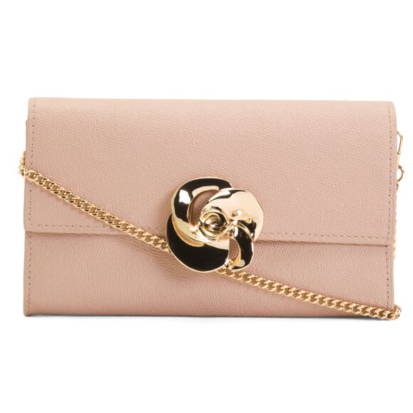 Ted Baker Kira Moyen Medium Pink Leather Rose Clutch Crossbody Chain Strap Pink